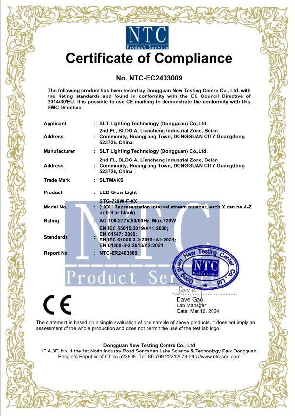 NTC Certificate of Compliance for CE marking under the EMC Directive 2014/30/EU of model STG-720W-F, issued March 16, 2024