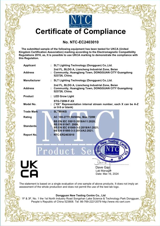 NTC Certificate of Compliance for UKCA marking of model STG-720W-F, issued March 16, 2024