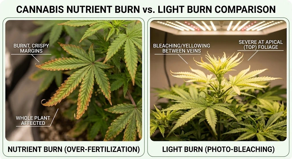 Labelled comparison of nutrient burn with crisp brown margins across the plant and light burn bleaching the top foliage between the veins