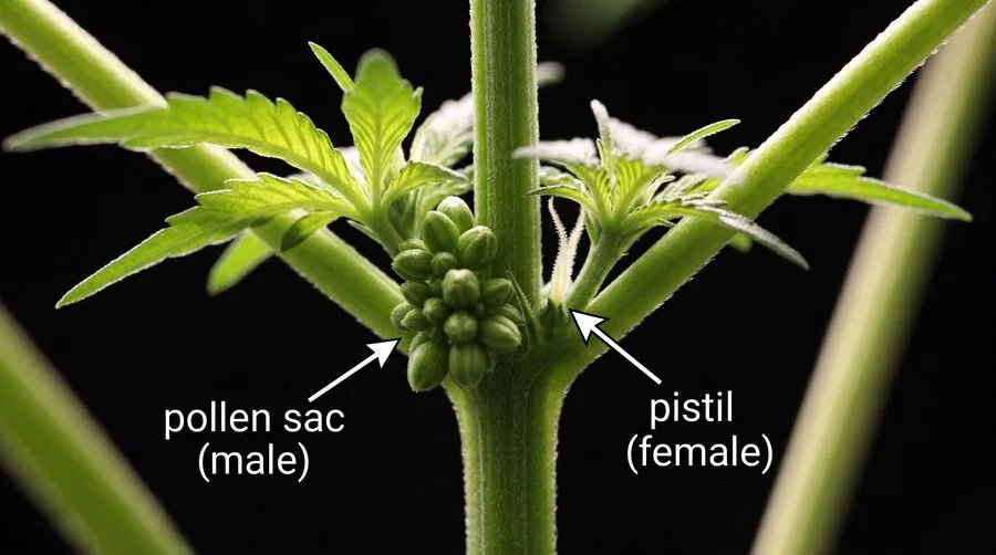 Cannabis node comparison with a labelled cluster of pollen sacs on the male side and a female calyx with pistils beside it