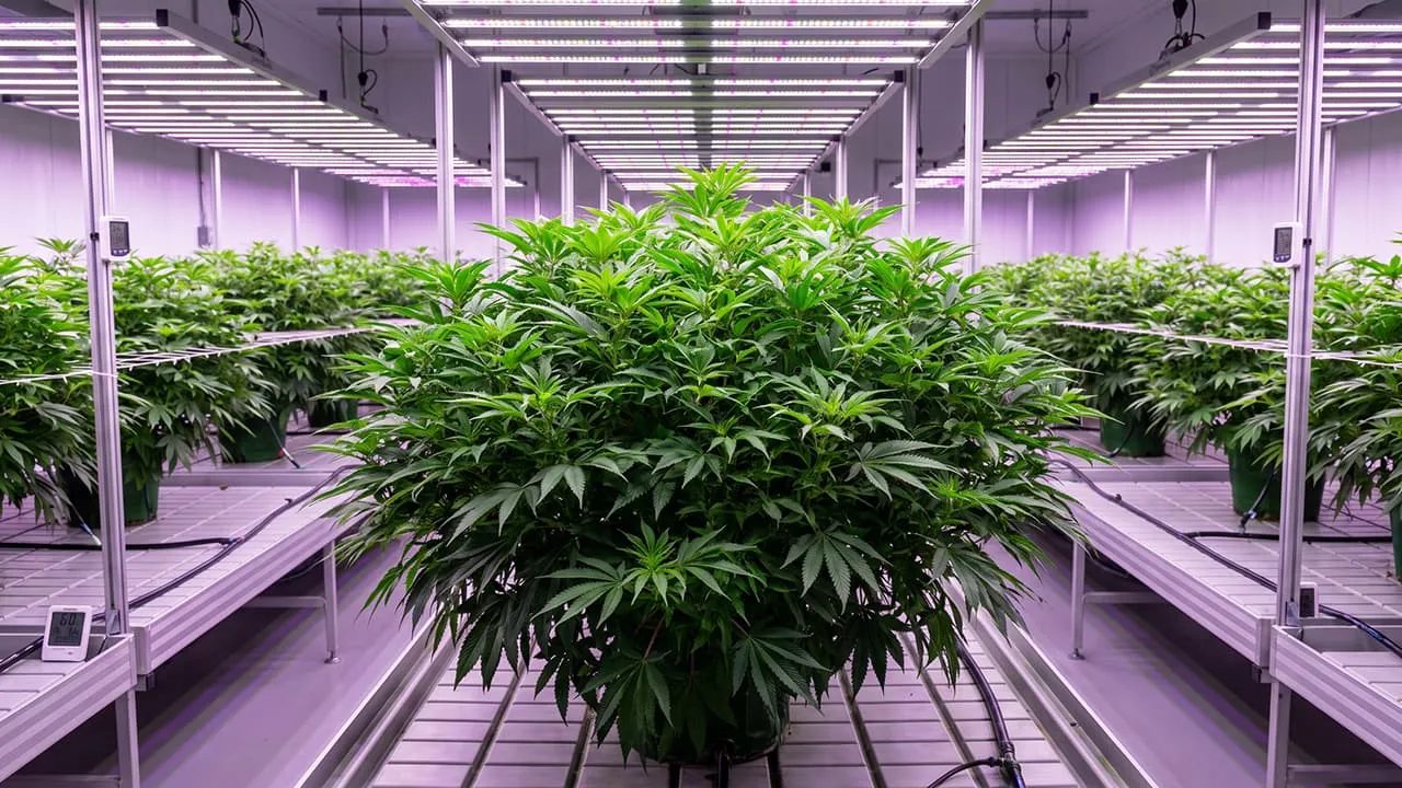 Mature mother plants on benches under LED bar fixtures with environmental sensors in a vegetative room