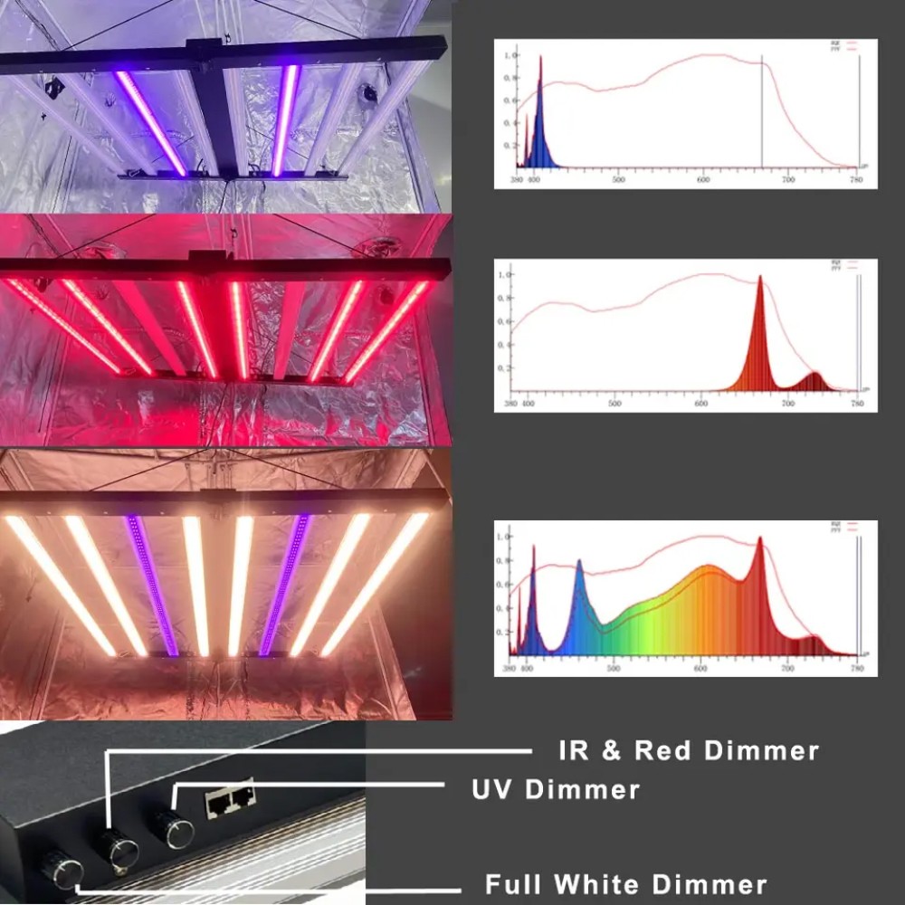 Luz multicanal mostrada bajo canales blanco, UV y rojo, con perillas independientes para blanco total, UV e IR y rojo