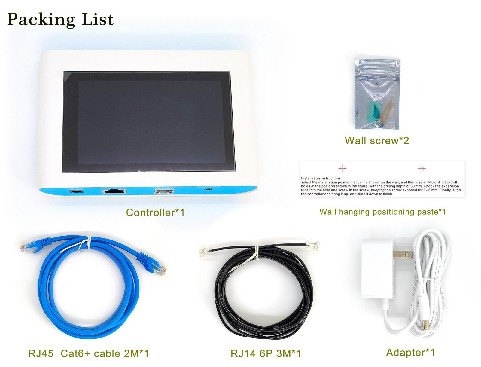 Controller packing list: controller, RJ45 and RJ14 cables, power adapter, wall screws