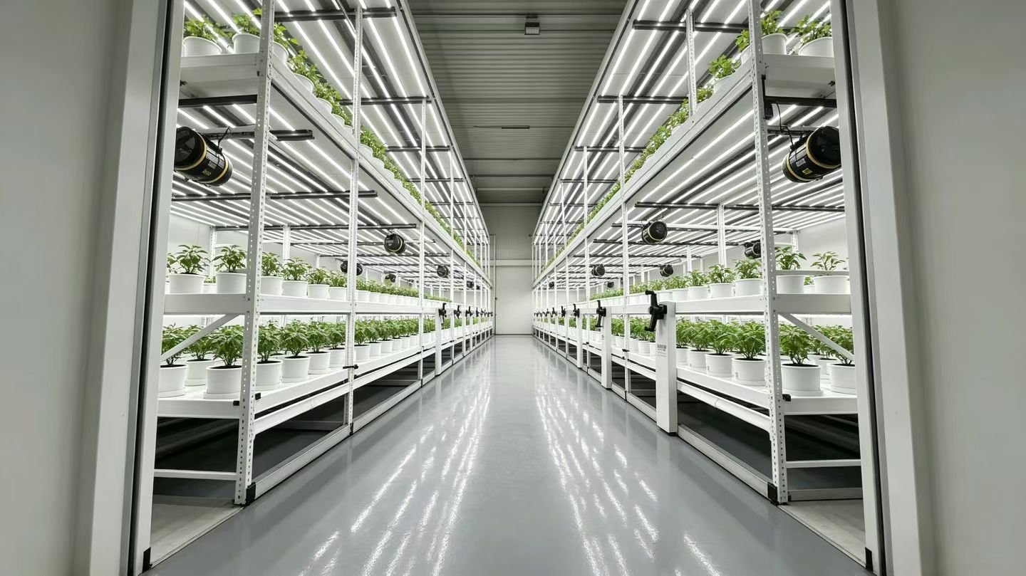Sala limpia de cultivo vertical con hileras de barras LED sobre plantas en macetas en estanterías blancas