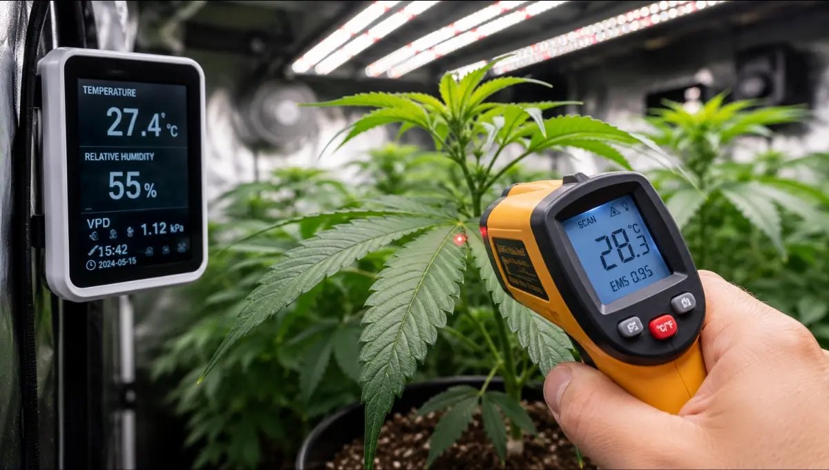 Sonda de clima en el dosel marcando 27,4 °C y 55 % de HR junto a un pirómetro infrarrojo que lee una hoja a 28,3 °C